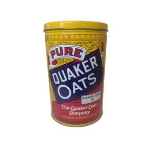 Vintage Quaker Oats tin round 1984 yellow Americana farmhouse cottagecore